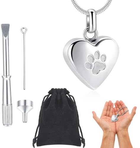KSJEHW Urne Kette für Asche, Anhänger Pfoten Abdruck Haustier, Herz Urne Halskette, Memorial Andenken Urne Schmuck mit Trichter-Kit für Haustier/Hunde/Katze Asche（Silber）