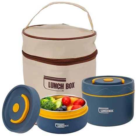 Hapivida Juego de Contenedores de Almuerzo Aislados, Fiambrera Bento Apilable Portátil, Contenedor Térmico para Alimentos, Tarro de Comida Caliente de Boca Ancha con Bolsa(Insulated-2 piezas)