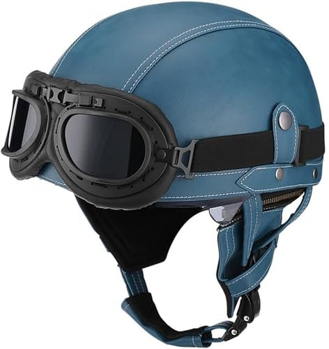EBAYIN Casco Moto Casco Jet Vintage Aperto Casco Adulto Casco Moto in Pelle Omologato ECE con Occhiali Casco Moto retrò A Sgancio Rapido Casco Ciclomotore Casco Scooter Uomo Donna(Blue,XL=(61~62cm))