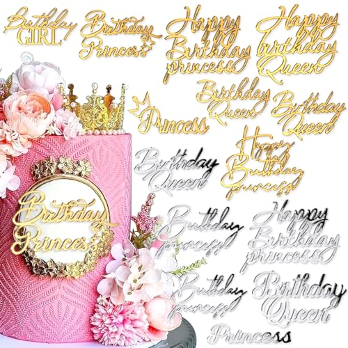 14 Stück Happy Birthday Tortendeko Mädchen Happy Birthday Cake Topper Geburtstag Kuchen Deko Acryl Tortenaufleger Prinzessin Küchendeko Queen Cupcake Topper Geburtstagsdeko Torten Deko Torten Zubehör