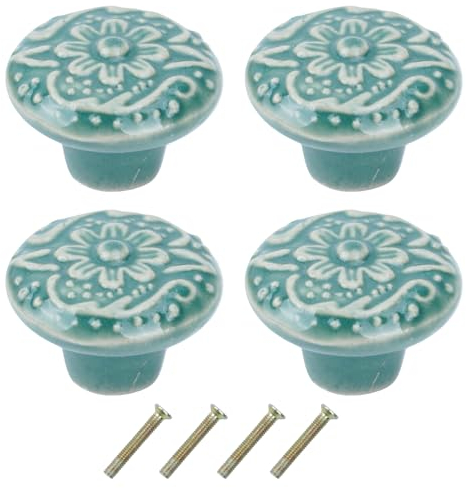 Dibotell Juego de 4 pomos vintage para muebles de cerámica, diseño floral, color verde, pomos redondos para puertas de cajones, cómodas, armarios de cocina, pomos de muebles retro para armarios y