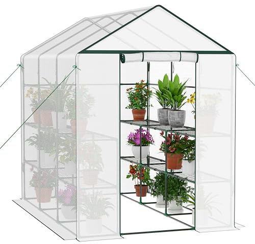 Ribelli Serre en Film Plastique avec Porte Enroulable - 143 x 195 x 213 cm - 4 étagères - Film grillagé en polyéthylène - pour Plantes, légumes, Fleurs - Blanc
