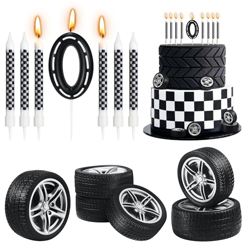 13 Pcs Racing Cars Themed Birthday Candles Cake Decorations for Birthday | Black and White Checkered Birthday Cake Candles Number 0 Candle Wheel Tire for Racing Car Theme Cake Toppers Party Supplies