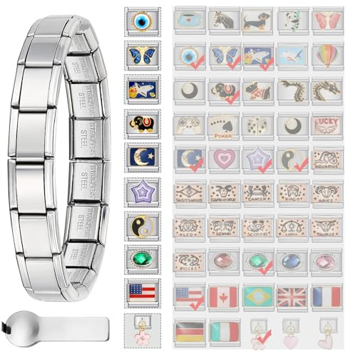 Bracelets à breloques italiens personnalisables – Choisissez 10 parmi 80 éléments uniques – Acier inoxydable 316L, 9 x 10 mm, signes du zodiaque, animaux, émojis, drapeaux, pierres de naissance –