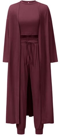 Les umes 3-teiliges Trainingsanzug-Set für Damen Cardigan vorne offen Tanktops Palazzo-Hose Lounge-Set Dunkelrot XL