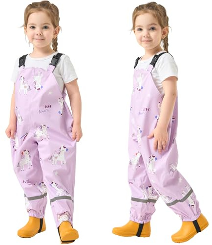 Fewlby Waterproof Trousers Girls Rain Trousers, Waterproof Bib Overalls Kids Rain Pants Rain Dungarees Windproof Mud Pants Purple Unicorn Rainwear for Outdoor Play, 2-3 Years