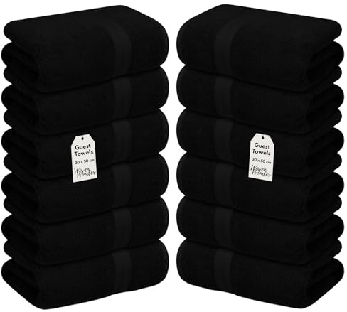 WovenWonder 12 x gästhanddukar 100 % egyptisk bomull (30 x 50 cm) lyxiga supermjuka handdukar av hotellkvalitet tvättduk set 600-GSM (svart)