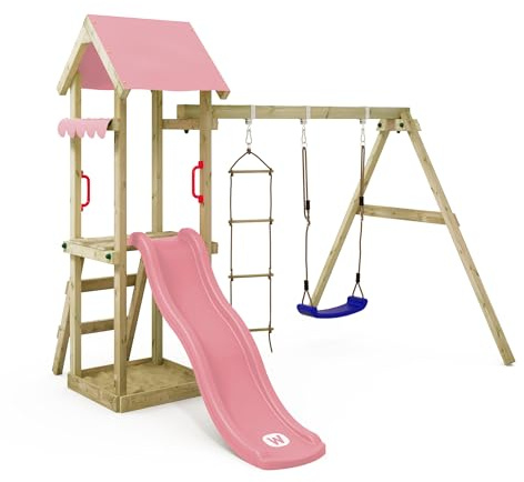 WICKEY Aire de Jeux TinyCabin portique en Bois avec balançoire et Toboggan Rose Pastel, Tour d'escalade pour Enfants avec bac à Sable, échelle et Accessoires de Jeu pour Le Jardin.