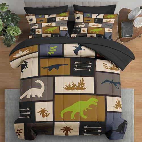 Pamnest Comforter Set Full Size, Dino Animal 7 Pcs Bedding for Kids and Adults, Cute Dinosaur Bed Sheet Sets with Fitted Sheet 2 Pillowcases & 2 Shams for Bedroom Bed Decor