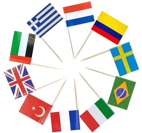 World Toothpick Flags Cake Toppers, 200Pcs World Football Toothpick Flags, Different World Flag Toothpicks, Cocktail Stick Flag, for Party Decoration Food Fruit Sandwich Stick