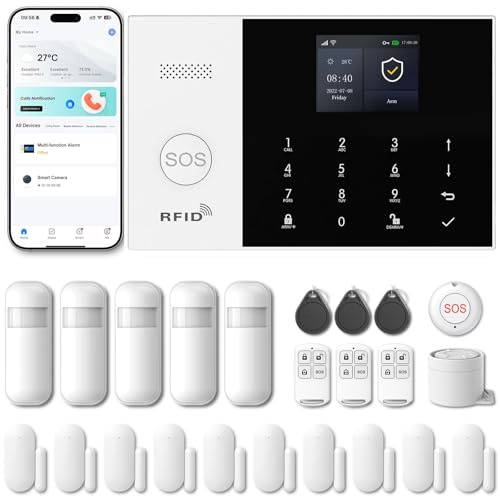 PGST Allarme casa Senza Fili GSM 4G, 2.4G Wi-Fi Antifurto casa, Kit 24 Pezzi, Sistema Allarme casa con Sirena APP Tuya, Sirena 120DB, Sensori Finestra, PIR, Telecomandi, Lavora con Alexa