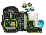 ergobag Schulranzen-Set Pack Set Bundle CyBär Race - Schwarz | Ergonomischer Schulrucksack flexibel, 7-teiliges Set für die 1. Klasse Grundschule, für Mädchen und Jungen, AW25/26