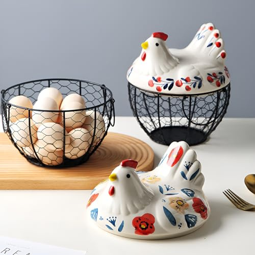 Hopeyhfm Panier à œufs en fil métallique avec housse en céramique, Rangement Style Campagne Vintage, Coquetier Contenant décoratif, pour recueillir des œufs frais, des fruits et des légumes (Style 2)