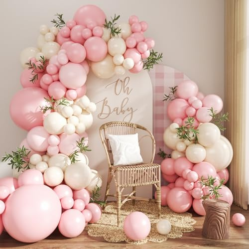 Pink Balloon Arch Kit 124Pcs Pink and White Balloon Arch Garland Kit Pastel Pink Light Pink Sand White Balloons for Baby Shower Bridal Shower Wedding Anniversary Birthday Party Decorations