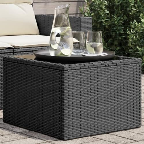 HaoChrymec Gartentisch mit Hartglasplatte, PE-Rattan, Robuster Stahlrahmen, Balkon Tisch, Beistelltisch Outdoor, Loungetisch Garten, Wetterfest, Schwarz, 55 x 55 x 37 cm