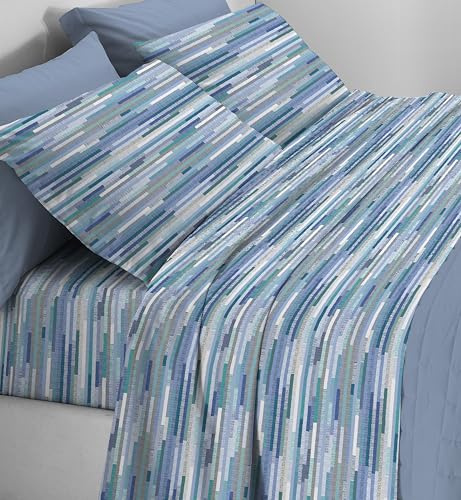 Mahome Set Completo Letto in Pregiata Flanella 100% Cotone con Trattamento Antipalline - Completo Lenzuola Caldo Cotone Morbide Artigianali Alta Qualità Made in Italy (Seattle Blu, Francese)