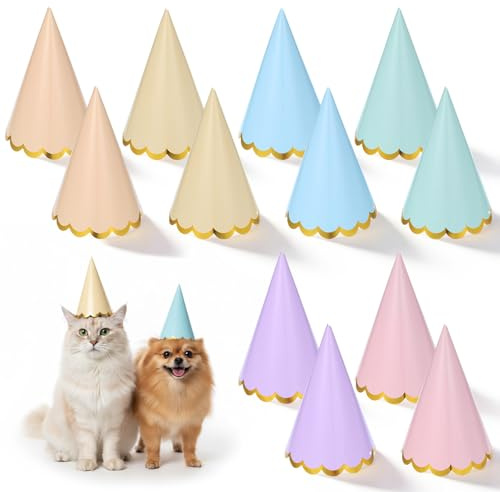 Aysatogc 12PCS Pastel Party Hats, Colorful Cone Birthday Hats Gold-Stamped Kids Party Hat with Elastic Cords Party Headwear for Birthday Baby Shower Bridal Celebration Wedding Party's Supplies