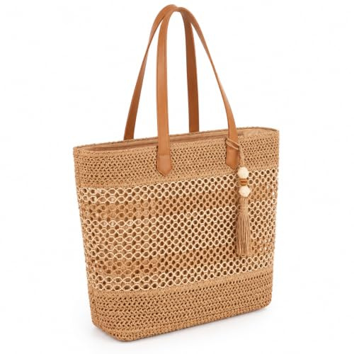 Bukecagif Strandtasche, Stroh Strandtasche Damen, geflochtene Einkaufstasche mittel mit Reißverschluss, für Strand Urlaub Sommer, Braun