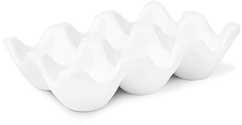 Flexzion Hueveras de cerámica, -6 tazas, Hueveras para frigorifico de diseño moderno, Bandeja para huevos de gallina, Organizador decorativo para los huevos de Pascua, Blanco