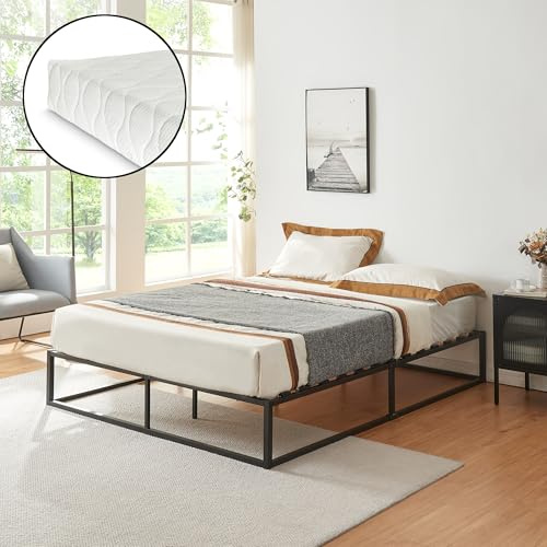 [en.casa] Cadre de Lit Double en Métal Design Industriel avec Matelas à Mousse Froid 180 x 200 cm Acier Revêtu par Poudre Noir