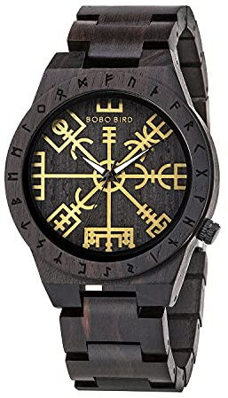 BOBO BIRD Handmade Wooden Mens Watch Unique Runic Circle Watches Golden Symbol of Vegvisir Watches Lightweight Fashion Quartz Wristwatch (Brown Black)