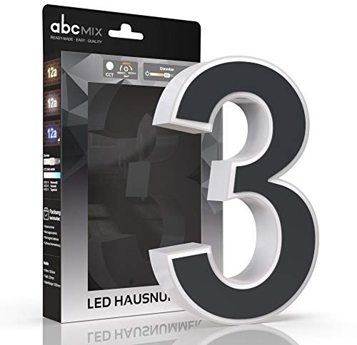 abcMIX LED Hausnummer, personalisierbare beleuchtete Hausnummer, Hausnummernleuchte mit LED - Hausnummer 3, Farbe ANTHRAZIT, Lichtfarbeneinstellung, Dimmbarkeit