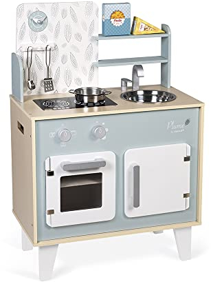 Janod - Küche ‘Plume’ - Kinderküche aus Holz mit Backofen, Edelstahlspüle, Schrank, Induktionskochplatten und Uhr - Spielküche mit 5 Zubehörteilen - Ab 3 Jahren, J06608, 53 x 30 x 78 cm