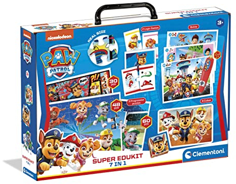 Clementoni Super-Edukit 7 in 1 Paw Patrol - Umfangreiche Spielesammlung für Vorschulkinder ab 3 Jahren - Inkl. 3 Puzzles, Würfelpuzzle, 2 Assoziationsspielen & 12 Quizkarten, 18112