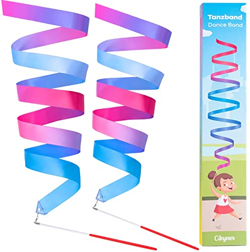 Cikyner Gymnastics Ribbon, 2 Pack Colorful Gymnastics Band with Stick, Dance Band Children Rainbow Band for School and Home Game, Ideal for Girls on Children's Birthday party or Christmas