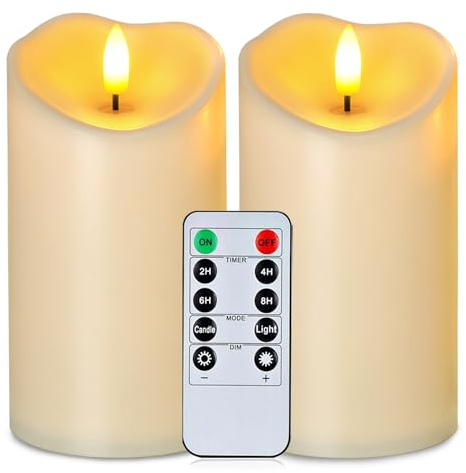 Homemory 6”x3” Outdoor Waterproof Flameless LED Candles, Battery Operated Candles with Remote Control and Timer, Electric Fake Plastic Pillar Candle for Garden, Ivory White, Set of 2
