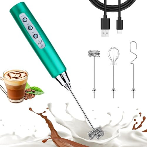 Nahida Espumador de leche turquesa para café, espumador eléctrico recargable de mano con 3 cabezales, 3 velocidades, mezclador de bebidas, espumador de café, espumador de espuma para latte, capuchino,