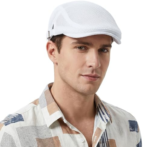 HIQIU Unisex Schirmmütze Baskenmütze Herren Atmungsaktiv Mesh, Flatcap Damen Sommer Gatsby Newsboy Barett Kappe, Schiebermütze Herren Sommer Hut Sportmütze Einstellbar 55 cm-60 cm (Weiß)