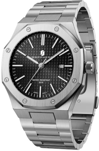 SAPPHERO Klockor män åttkantig 10 ATM vattentät business casual mode män japansk kvarts rostfritt stål lysande armbandsur, 2110 Silver Svart, armband, SO2110