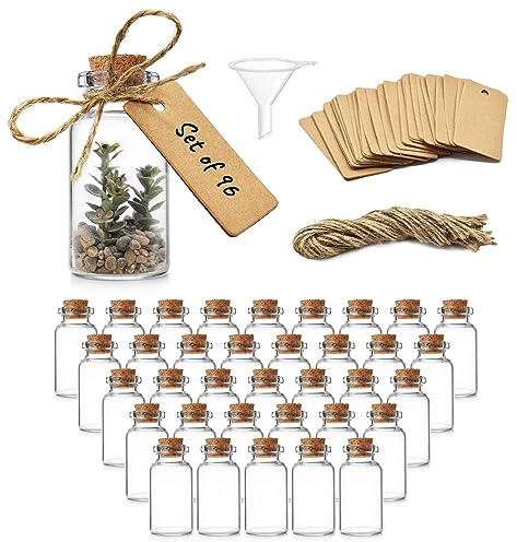 Volila Small Glass Bottles With Corks (25ML x 96 Pack) - Mini Bottles With Stoppers for DIY Crafts, Wedding Favours, Potions - Includes Craft Labels, String and Funnel