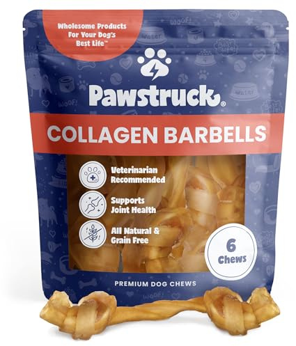 Pawstruck Natural Large Collagen Stick Barbells for Dogs - Vet-Approved Long Lasting Chew Alternative to Rawhide & Bully Sticks, with Glucosamine & Chondroitin - 6 Pack, Packaging May Vary