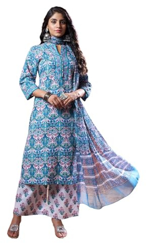 GRECIILOOKS Elegante conjunto de kurta recta con estampado étnico con pantalones y dupatta para fiestas, bodas, fiestas, oficina y aspecto casual, Turquesa, 2XL