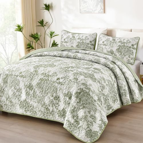 WONGS BEDDING Botanical Quilt Set King, Sage Green 3 Pieces Toile Floral Plants Printed Bedspread Bedding Set Soft Lightweight Microfiber Coverlet Set for All Season (104x90)
