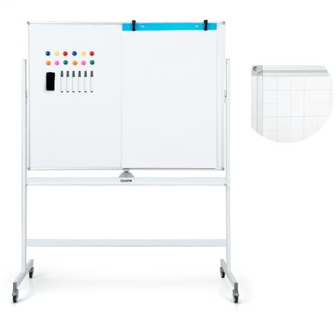 COSTWAY Doppelseitiges mobiles Whiteboard, 120 x 90 cm, Trocken abwischbares magnetisches Whiteboard mit Gittermuster, Rollen, Ständer und Stiftablage, inkl. Zubehör für Büro, Zuhause (Weiß)