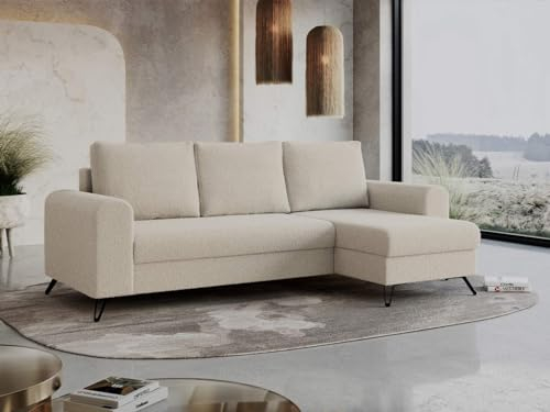 MKS MEBLE Ecksofa - L-Form Sofa mit Schlaffunktion - Wohnlandschaft L Form, Ecksofa mit Schlaffunktion und Bettkasten, Schlafsofa mit Bettkasten, Couch mit Schlaffunktion - Beige Boucle - Hugo