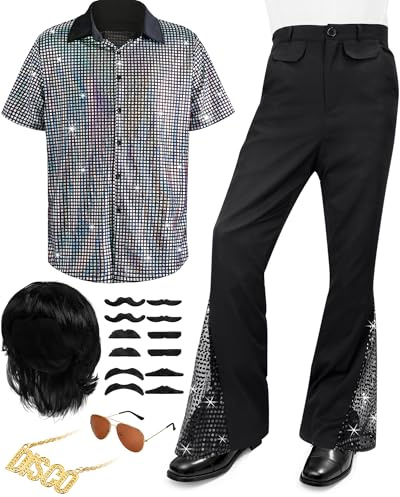 Mepase 6 Pcs Men's 70s Disco Outfit Costume New Year Eve Halloween Couples Costume 80s Bell Bottom Pants Short Sleeve Shirt(Silver,XL)