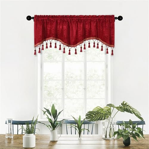 BESTORI Scheibengardine Blickdicht Bistrogardine Verdunkelung Fensterschal Kurzgardine Kurze Gardine für Küche Wohnzimmer Landhaus Rot, 180 x 45 cm(B x H)