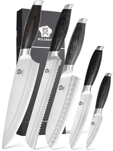 WILDMOK Profi-Messerset, 5-teiliges Küchenmesserset, deutsches Kochmesserset aus Edelstahl mit Geschenkbox, schwarzer Pakkaholzgriff