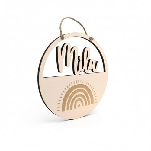Personalisiertes Namensschild, Türschild, Holzschild Kinder Baby, Geschenk Geburt Taufe Geburtstag, Regenbogen, Patenkind, Kinderzimmerdeko (25 cm)
