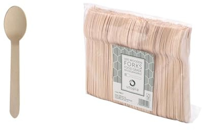 ABENA Gastro-Line 16cm Wooden Disposable Spoons, The Eco-Labelled Wooden Cutlery Choice & Utopia Birch Wood Fork 6.25inch / 16cm, F90211-000000-B01010, Pack of 100