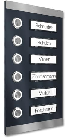Graviers Design Aufputz Türklingel für Mehrfamilienhaus 6 Namensschilder austauschbar - V2A Edelstahl Klingel 140x255 mm - Name Beleuchtung wählbar LED Taster Klingelplatte