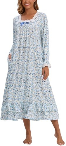 Rubehoow Camicia da notte da donna, stile vittoriano, vintage, a maniche lunghe, in morbido cotone, abito da notte S-3XL