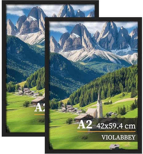 VIOLABBEY A2 Bilderrahmen Schwarz 2 Stück, A2 Posterrahmen 42 x 59,4 cm für horizontale oder vertikale Wandmontage