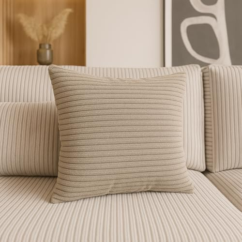 Dekokissen aus Cord 40x40 cm - Couchkissen mit Füllung und Reißverschluss - Modern Dekokissen mit Bezug - Couchkissen fur Sessel & Sofa - Aesthetic Gestreift Kopfkissen - Beige - MODERNO