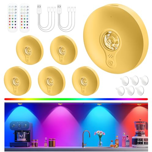 Schrankbeleuchtung Kabellos Akku USB, Unterschrank Beleuchtung Küche, Unterbauleuchte Küche LED Ohne Kabel, Vitrinenbeleuchtung Magnetisch, Puck Lights Mit Fernbedienung, Gold, 6 Stück, 3-Farbe-RGB