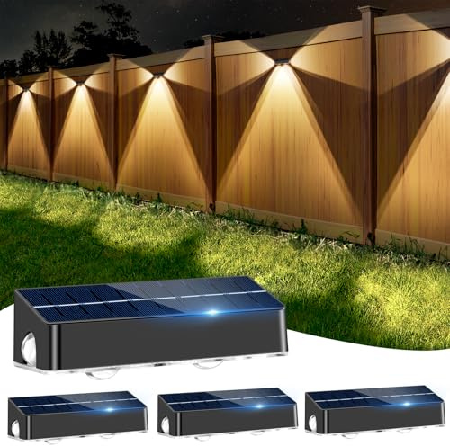 Solar Fence Lights Outdoor - 3-Side Fence Light Solars Powered for Outside IP65 Waterproof Fence Solar Lights Outdoor for Outside Garden Backyard Patio Deck Fence Stair Step Railing Pathway(4Pack)